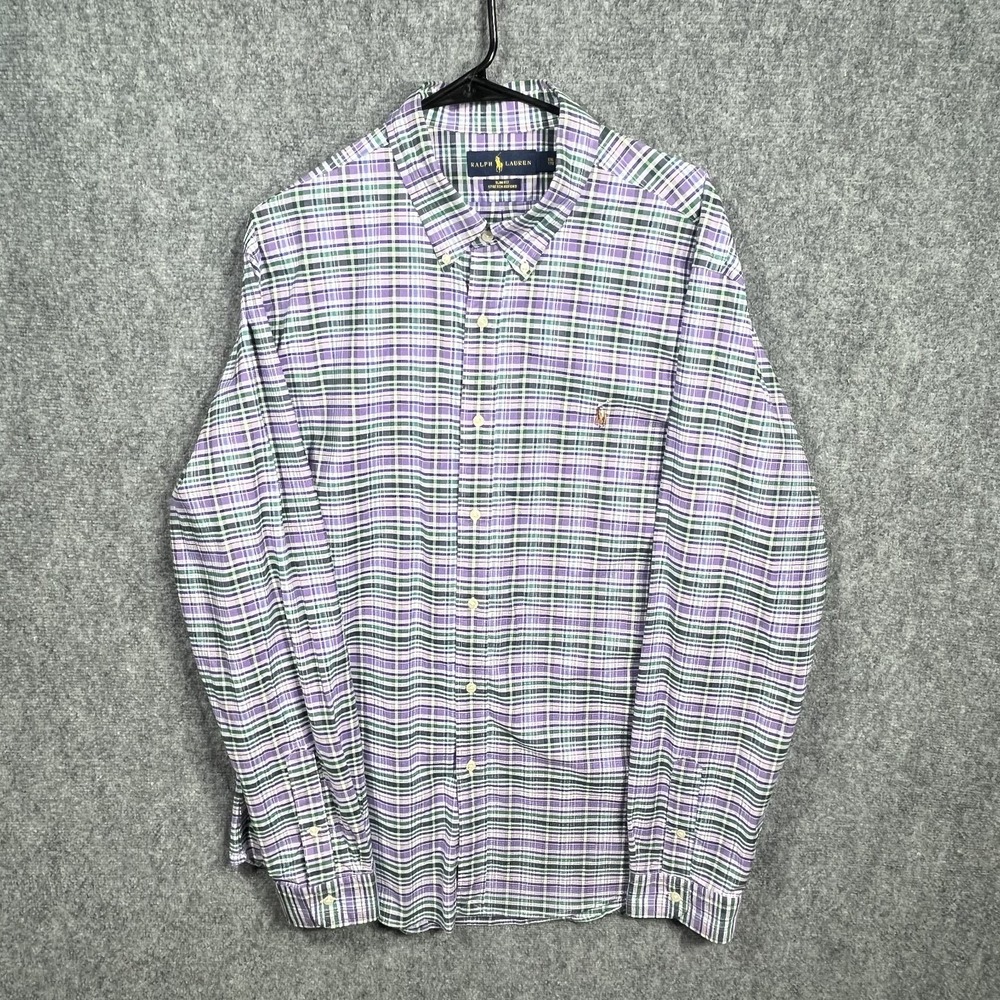 Ralph Lauren Shirt Mens 2XL Purple Green Plaid Slim Fit Stretch Oxford Button Up